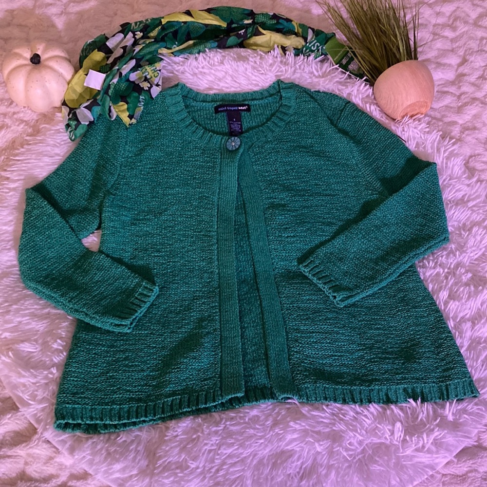 Saint Tropez West sz S green knit cardigan with top decorative button c… - Picture 1 of 13